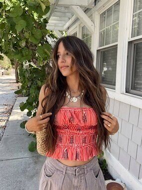 Free People Smocked Peplum Cami Red Orange Floral Tank Small Cotton